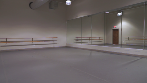 A large empty room with ballet bars on one wall and mirrors on another.