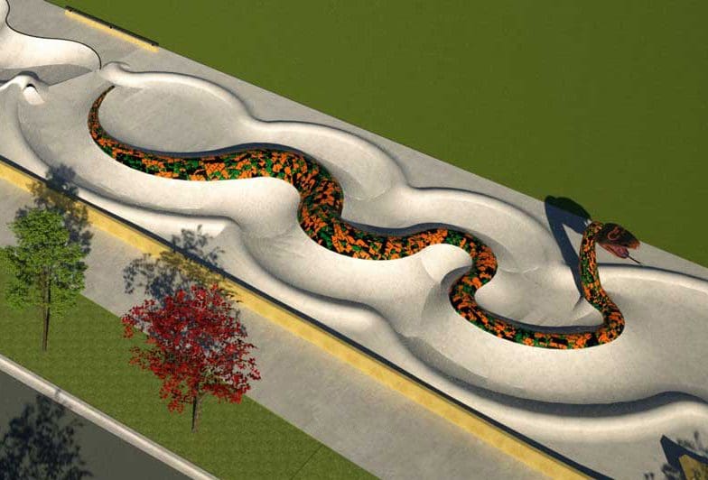 A drawing of the proposed design featuring the orange and green snake for the Skateable Art Park.