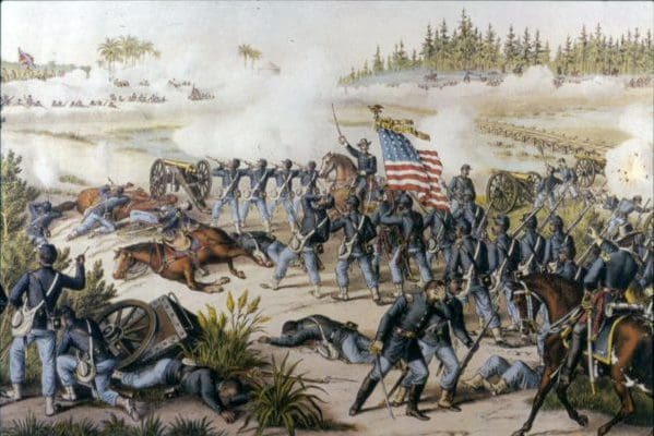 Drawing of Civil War battle. Troops 
 in blue firing across a pond with an American Flag flying amongst them. Injured horses and soldiers are on the ground.