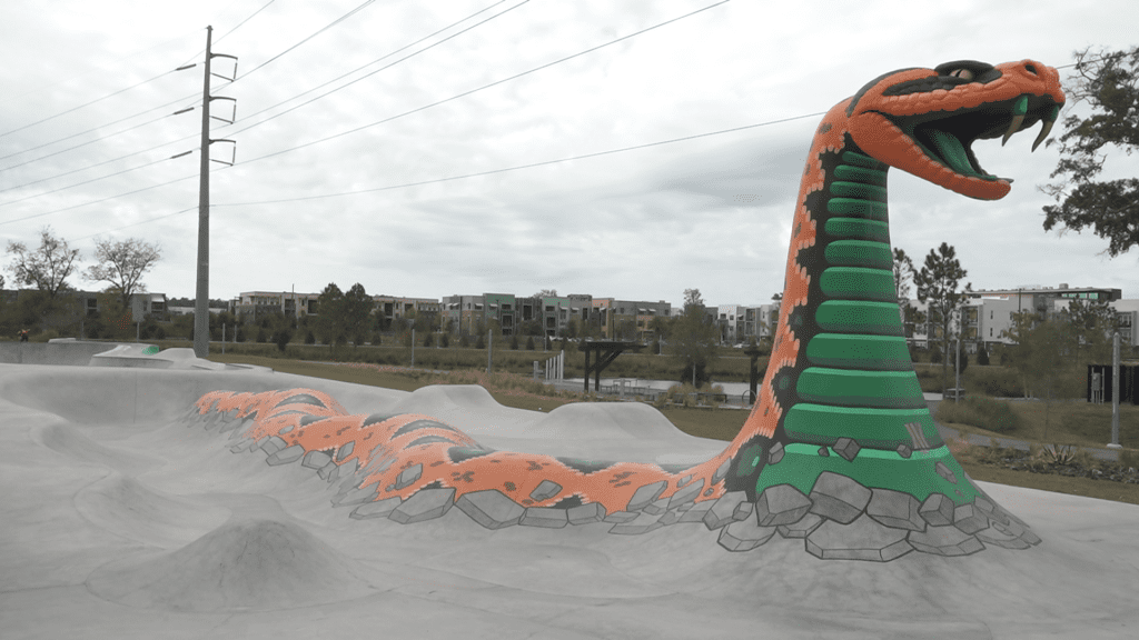 225-foot snake run featuring sculpture of the FAMU Rattler.