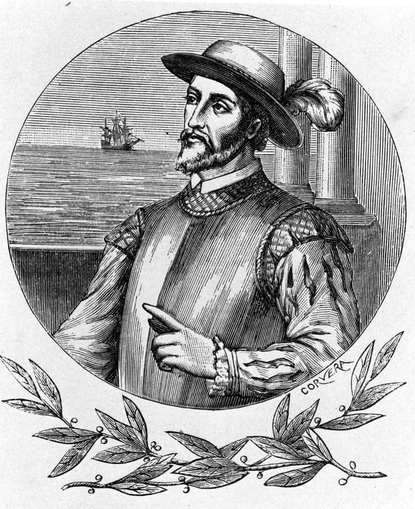 A drawing of a man in a hat with beard with a sailboat behind him.