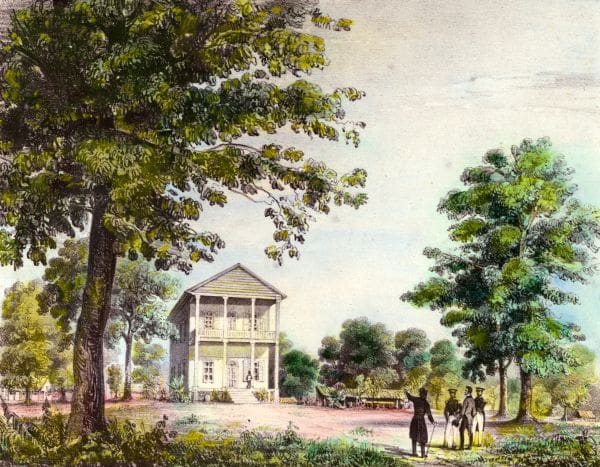 A large tree in the foreground with a two story building in back.  four men stand in the lower right  corner.
