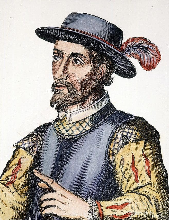 Drawing of man with beard wearing hat with feather pointing to something to his right.