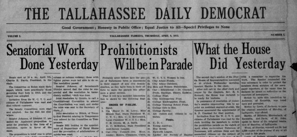 A close up of a newspaper called the Tallahassee Daily Democrat dated April 8, 1915. 