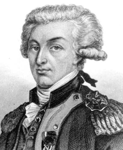 A drawing of the head and shoulders of a man with a white wig and formal military uniform from the 1770s.