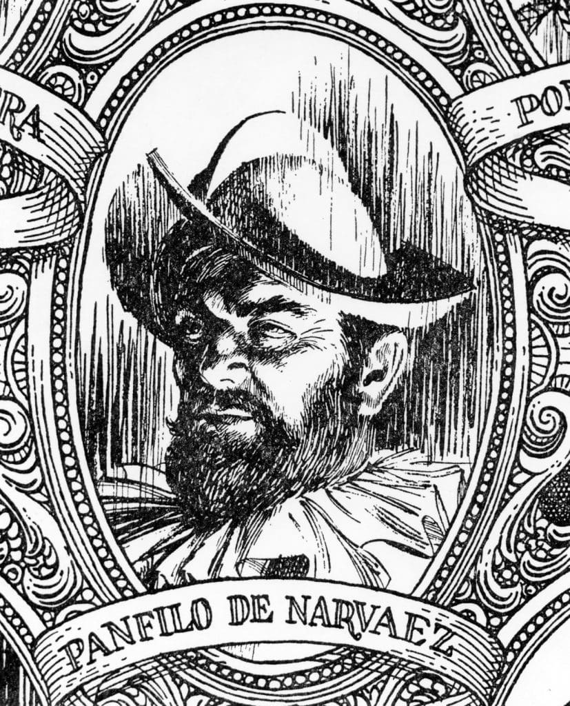 A close up drawing of head and shoulders of a man with beard, metal hat. Decorative designs surround his face.