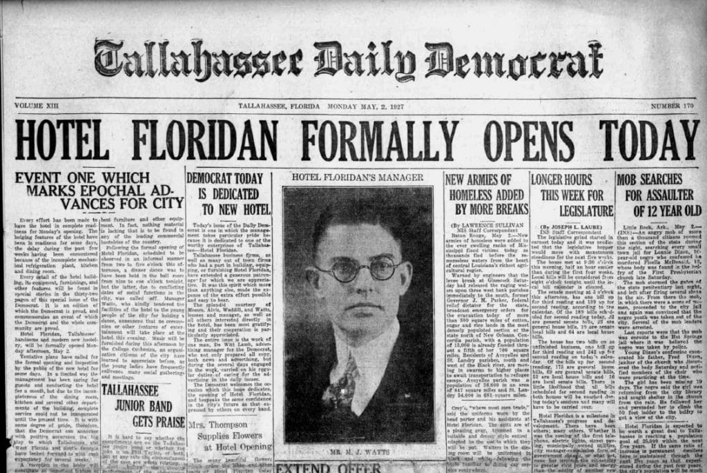 A close up of a Tallahassee Daily Democrat newspaper in 1927. Headline reads 
