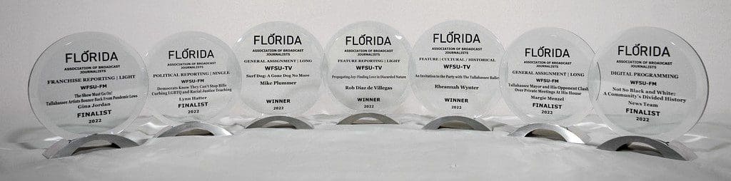 7 glass awards from the Florida Association of Broadcast Journalists all in a row over a white background