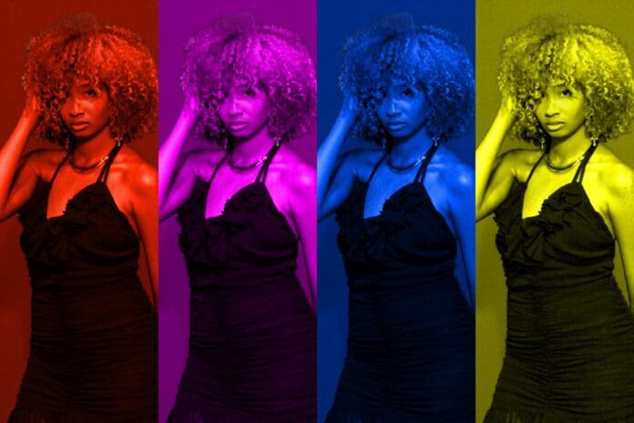 one photo of a woman repeated three times with different colors saturated
