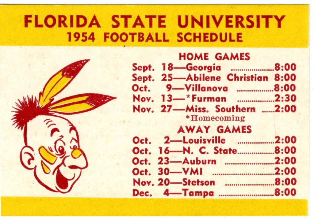 Card with the FSU 1954 Football Schedule for both home and away games and the times.