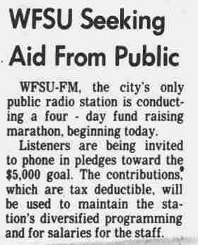 Newspaper article headlined WFSU Seeking Aid from Public
