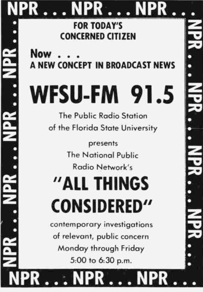 Advertisment for WFSU-FM 91.5 and NPR's new program "All Things Considered"