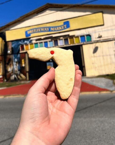 A hand holding a cookie in the shape of Florida with a red circle where Tallahassee is located.
