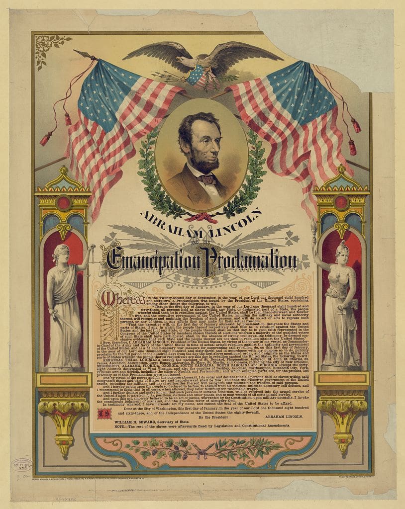 Decorative color printing of the Emancipation Proclamation with drawing of Abraham Lincoln and American Flags.