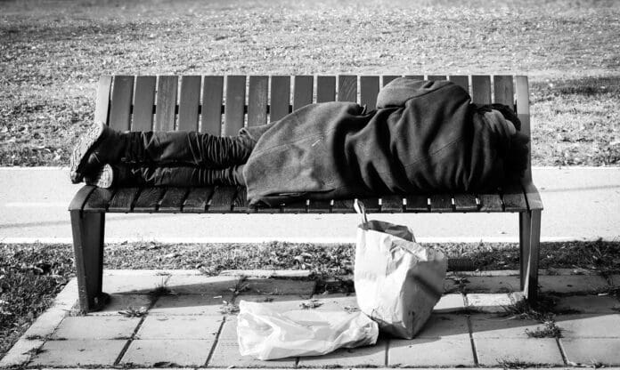 A person sleeping on a park bench