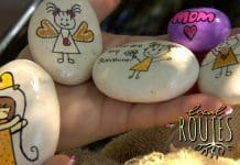 Local Routes – Episode 220 Small painted rocks with red and yellow angels