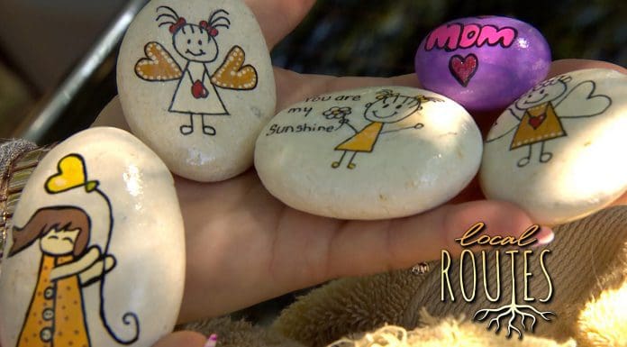 Local Routes – Episode 220 Small painted rocks with red and yellow angels