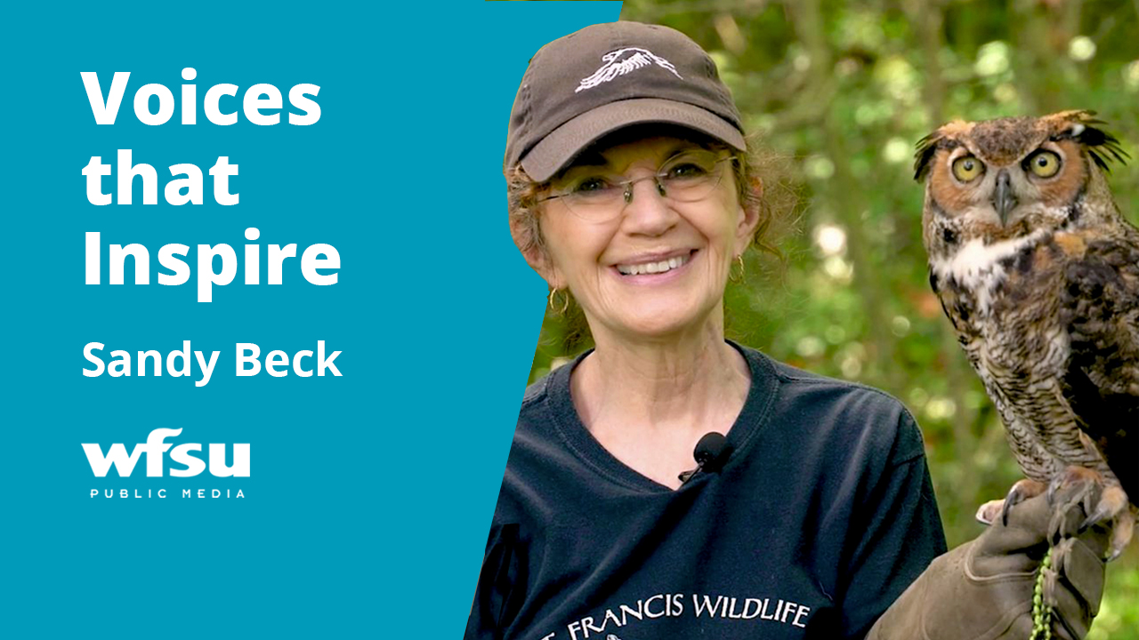 Smiling woman in a hat holds an owl.