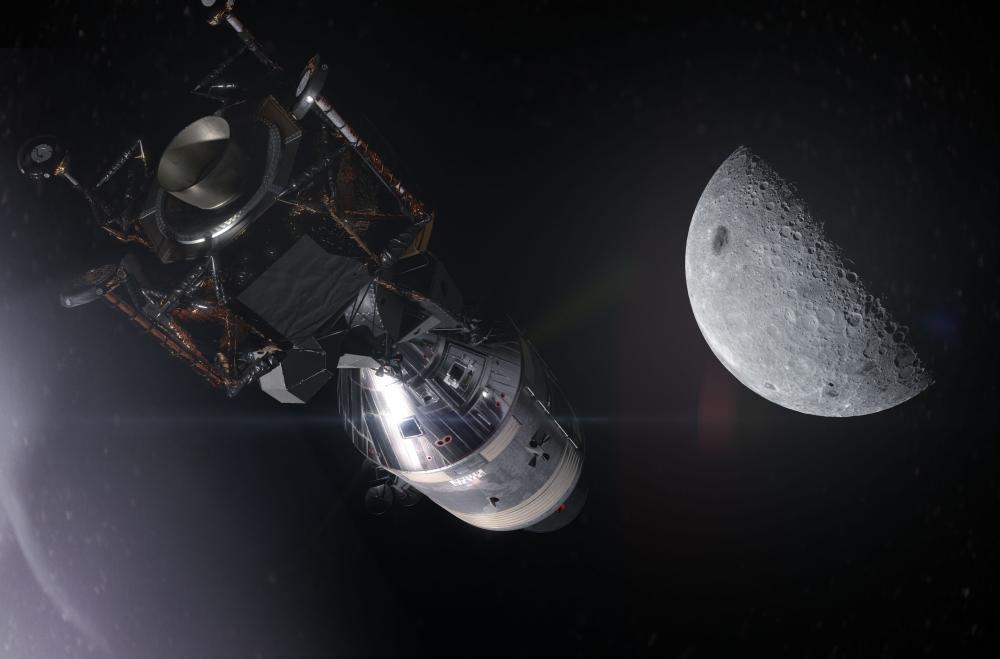 A spacecraft in front of the moon