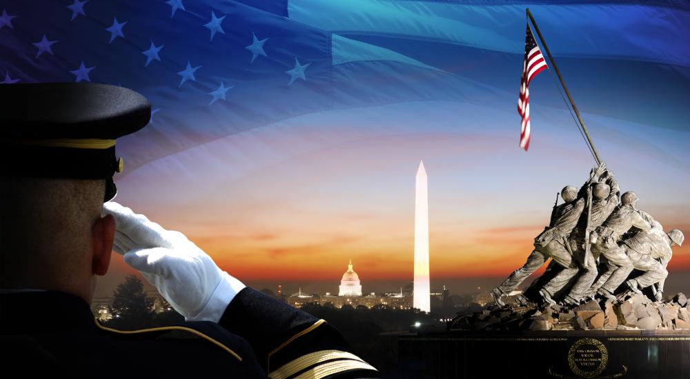 A soldier saluting the Lincoln memorial
