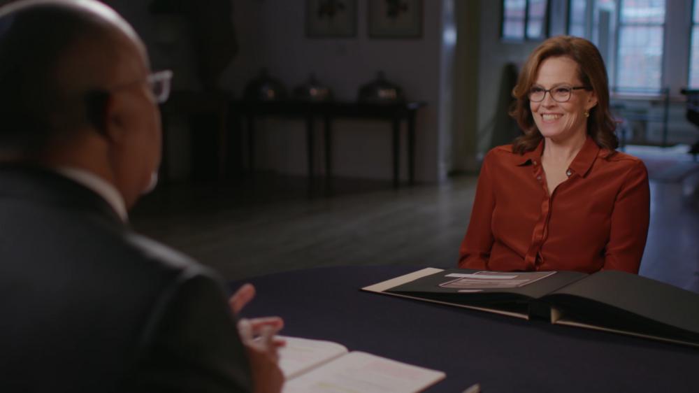 Host Henry Louis Gates, Jr. and actress Sigourney Weaver while taping Finding Your Roots.
