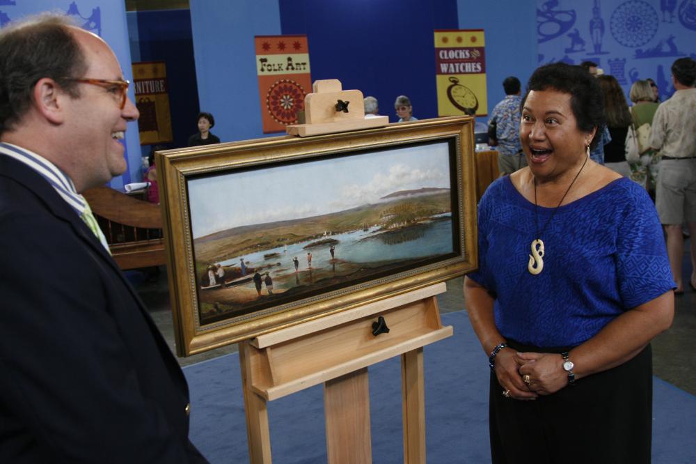 People around a painting of honolulu
