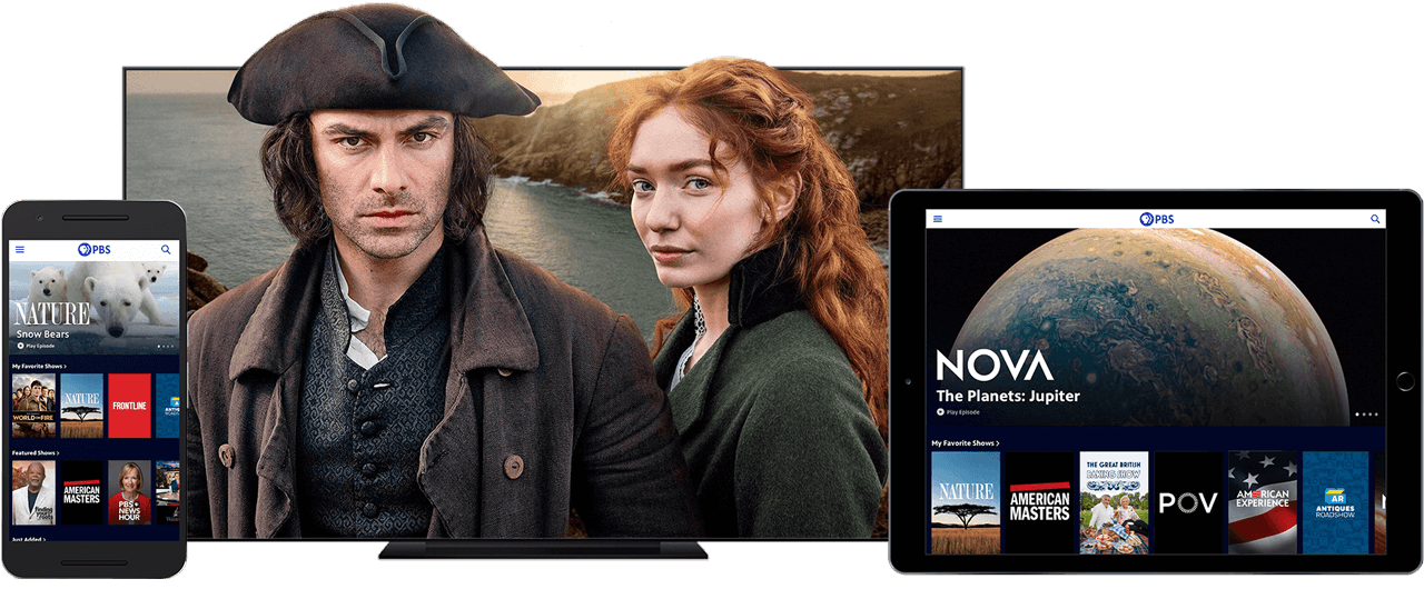 the pbs video app shown on a phone and tablet alongside poldark